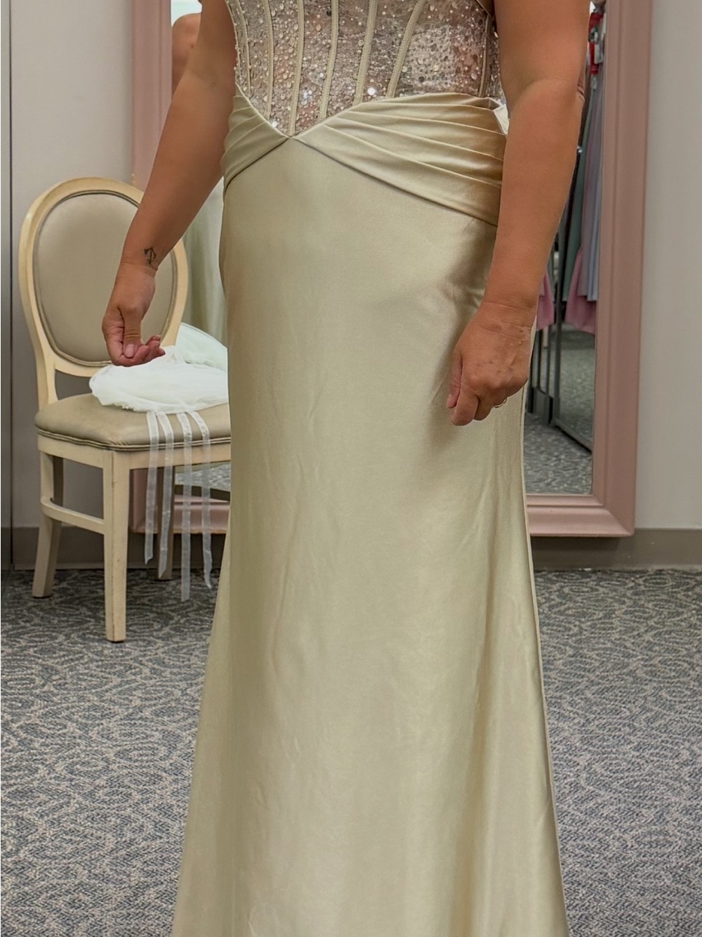 Elegant Sequin Bodice Satin Evening Gown - Champagne